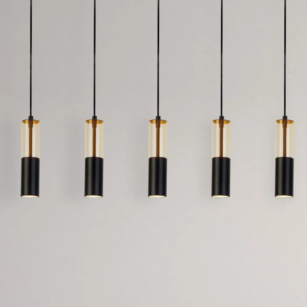 Searchlight Pendellamper>Merrygold pendellampe, sort/amber, metal, GU10, 5 lyskilder.