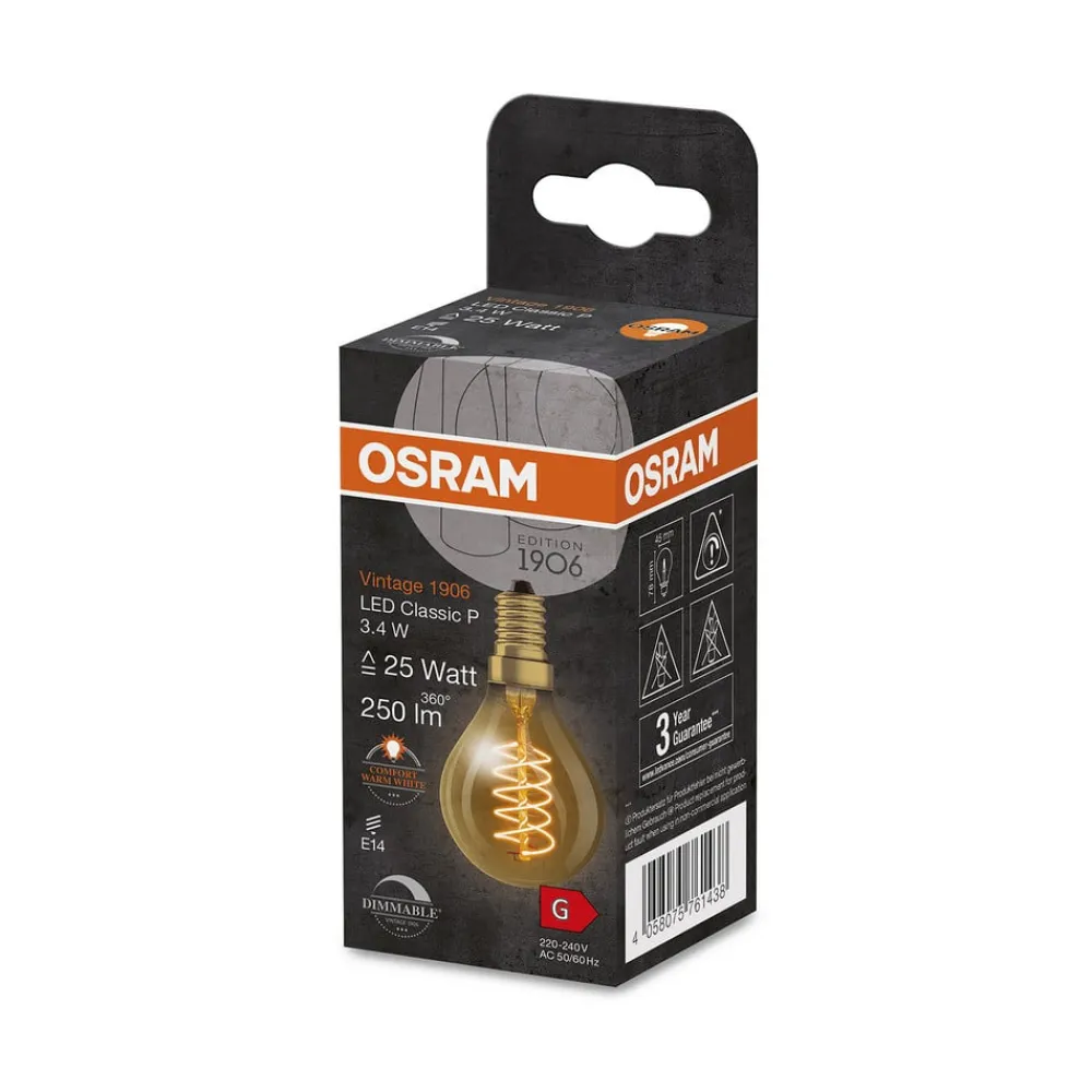 OSRAM Dæmpbar Led-Pære|Filament Pære>1906 E14 3,4W LED dråbe 822 guld dæmpbar