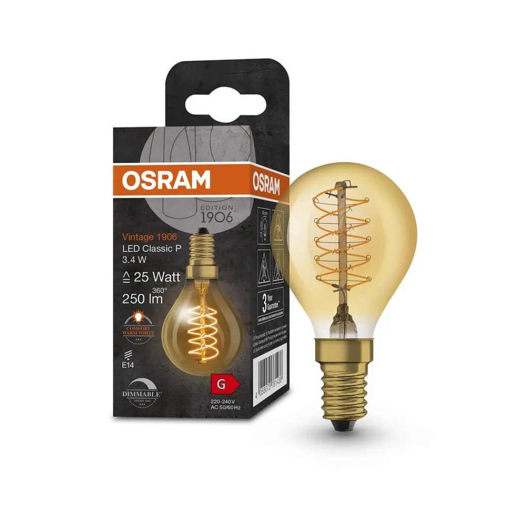 OSRAM Dæmpbar Led-Pære|Filament Pære>1906 E14 3,4W LED dråbe 822 guld dæmpbar