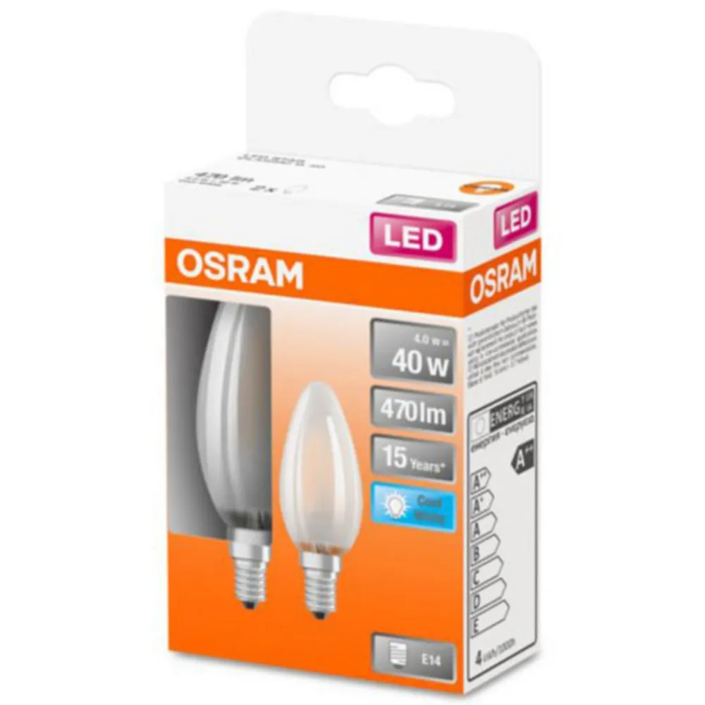 OSRAM Led Pærer>Classic B LED-pære E14 4W 4.000K mat 2 stk.