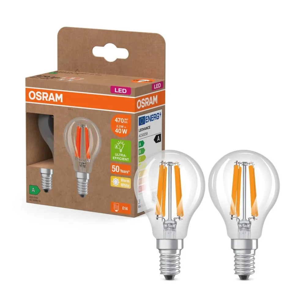 OSRAM Filament Pære>LED Filament E14 2,2W 2700K 470lm 2-pak