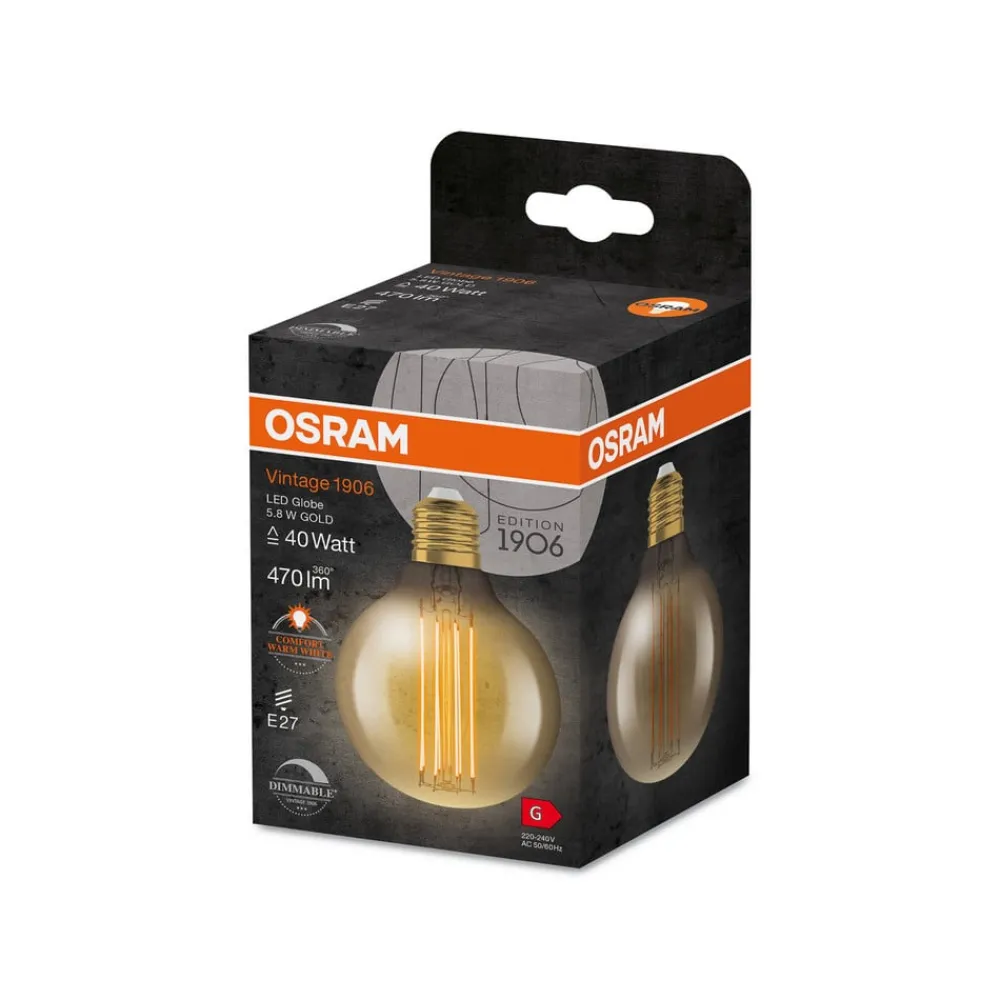 OSRAM Filament Pære>LED Vintage 1906, G80, E27, 5,8 W, guld, 2.200 K, dim.