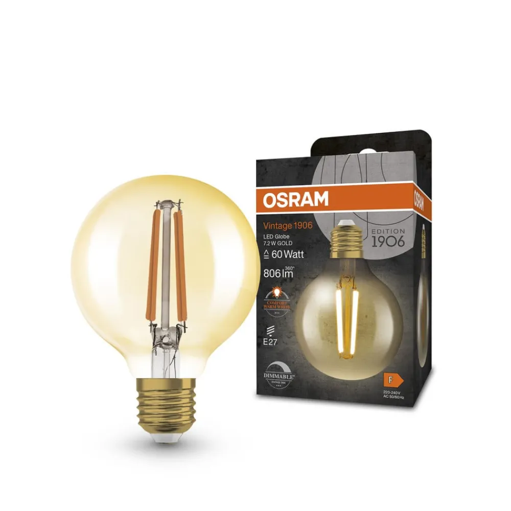 LED Vintage 1906, G80, E27, 7,2 W, guld, 2.400 K, dim.^OSRAM Best