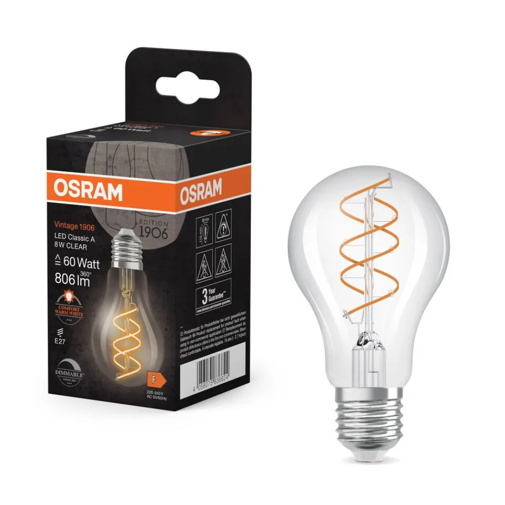 OSRAM Led Pærer>LED Vintage E27 8W 2.200K Spiral Filament clear dæmpbar