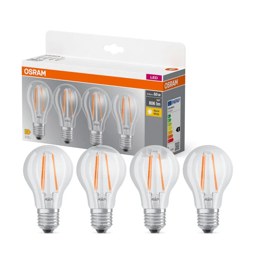 OSRAM LED-filamentpære E27 6,5W 827 4-pak