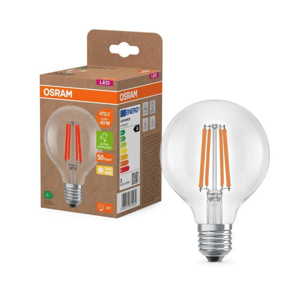 OSRAM Filament Pære>LED-pære Globe G80 E27 2,2W Filament 2,700K