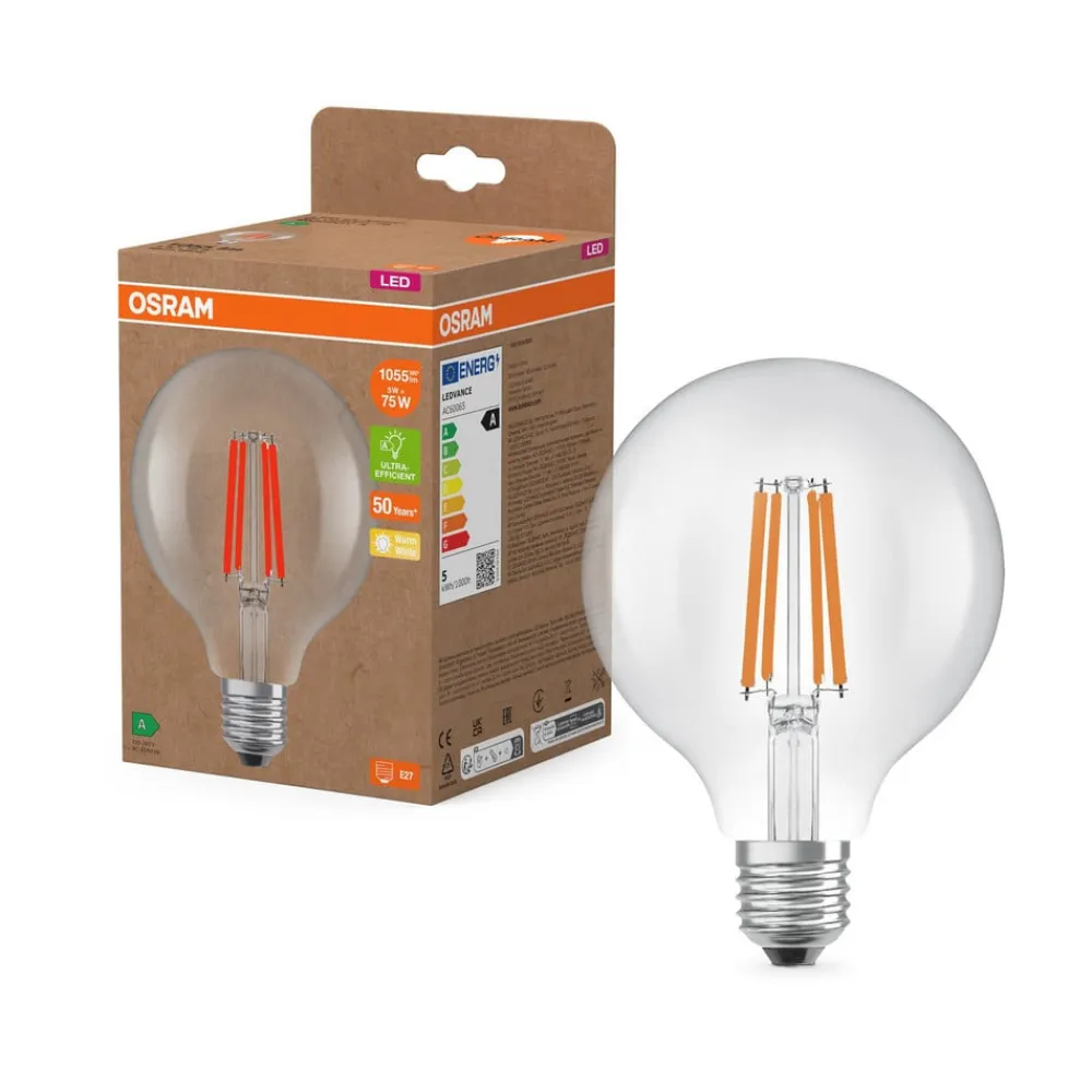 OSRAM LED-pære Globe G95 E27 5W Filament 2,700K