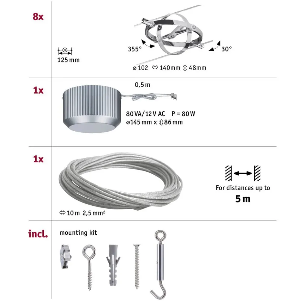 Paulmann Arbejdsrum/Kontor>Cardan wiresystem 8lk, mat krom/krom