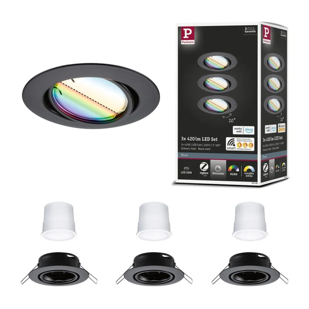 Paulmann Loftlamper|Indbygningsspots>Coin Base LED indbygningsspot sort 3 RGBW ZigBee