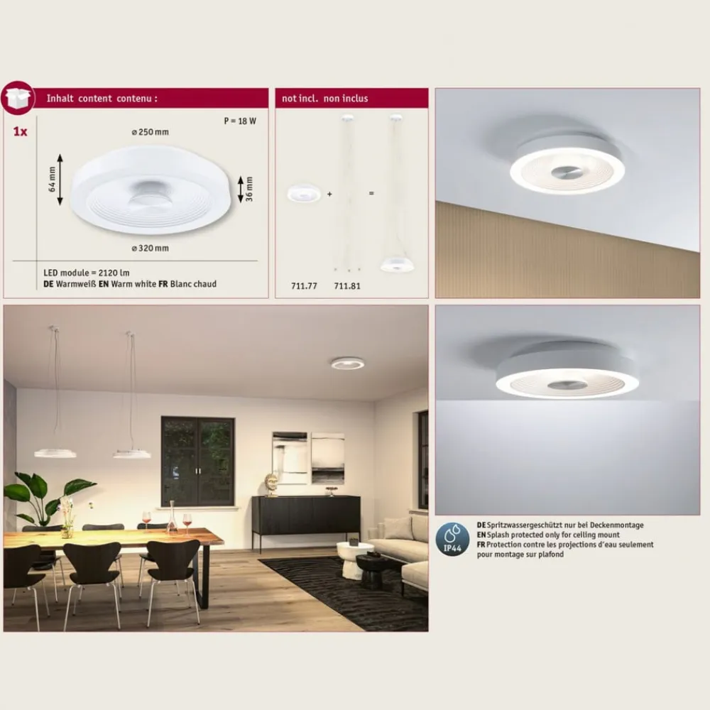 Paulmann LED-loftlampe Volea, hvid/sølv Ø 32 cm IP44 dæmpbar