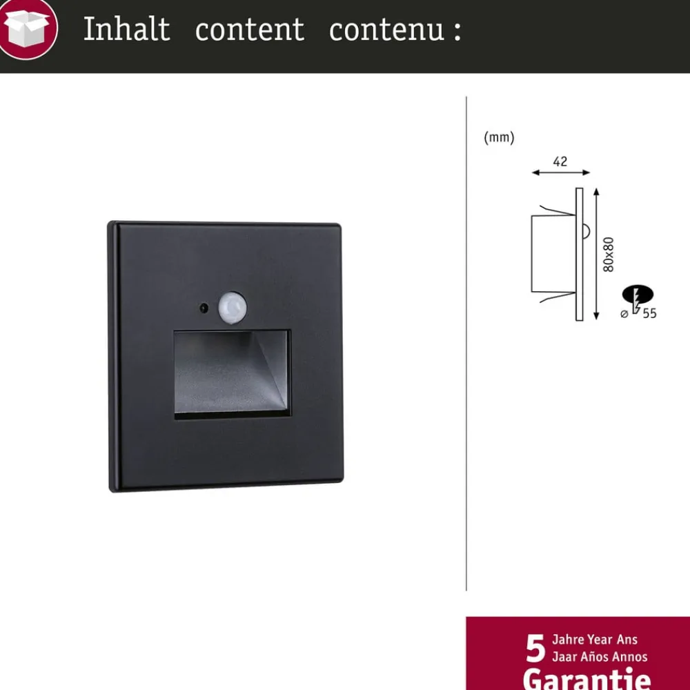 Paulmann Væglamper|Spotlights>LED-sensor-vægindbygningslampe Edge Quadro sort 8 cm
