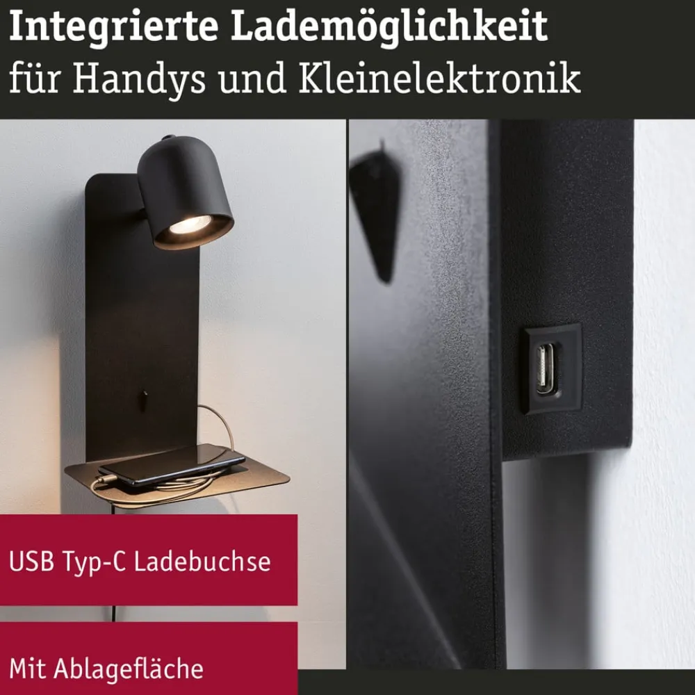 Paulmann Malena USB vægspot med hylde, sort