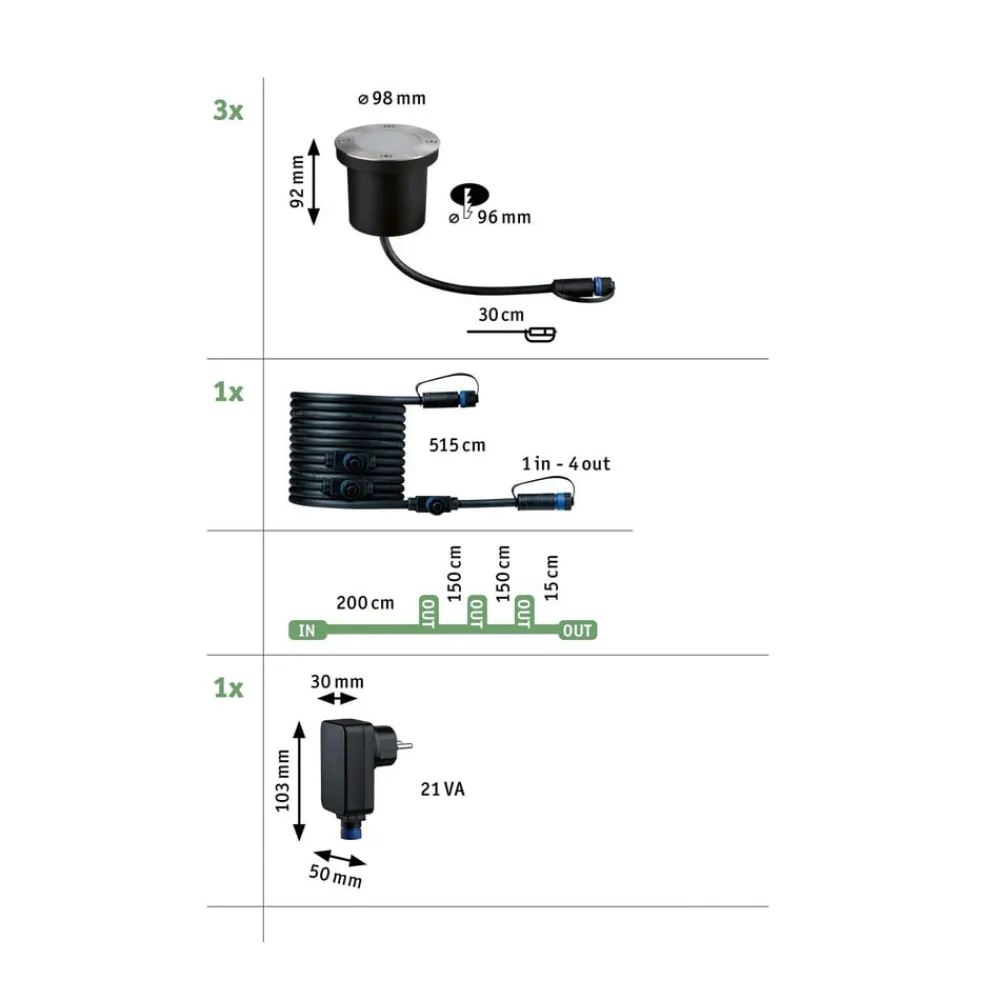 Paulmann Nedgravet Udebelysning>Plug & Shine LED indbygningslampe 4,5W sæt med 3 stk