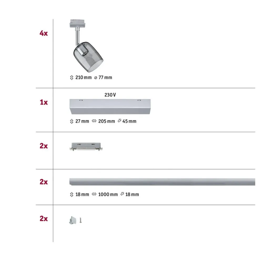 Paulmann Skinnesystem>URail Blossom basissæt, krom, røgglas