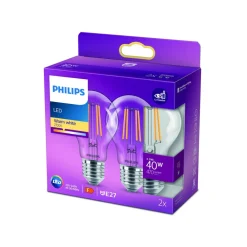 Philips LED-pære E27 4,3 W 2.700 K filament 2 stk