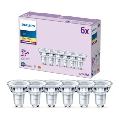 Philips Led Pærer>LED-pære GU10 3,5W 255lm 827 klar 36° 6stk