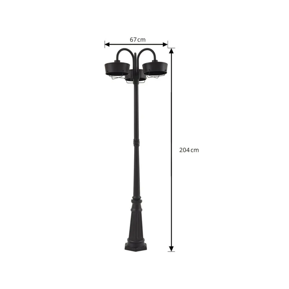 PRIOS LED-udendørslampe Thorus, 204 cm, sort, 3 lyskilder, IP44