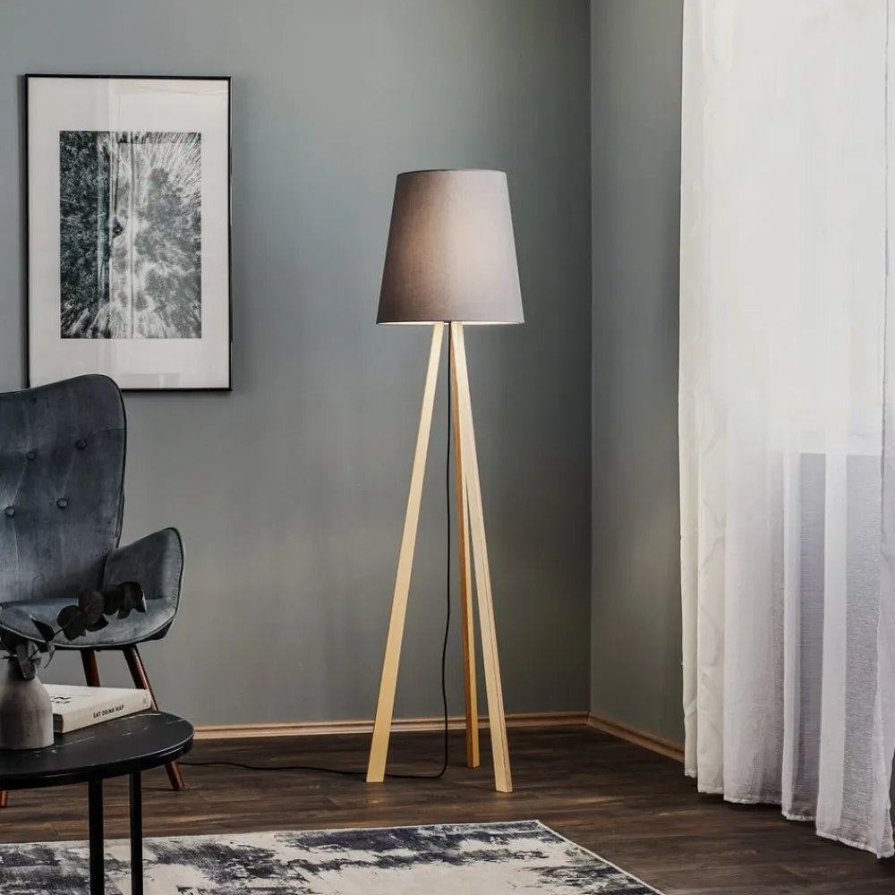 Quitani trebenet gulvlampe Jata, træ, chintz grafit