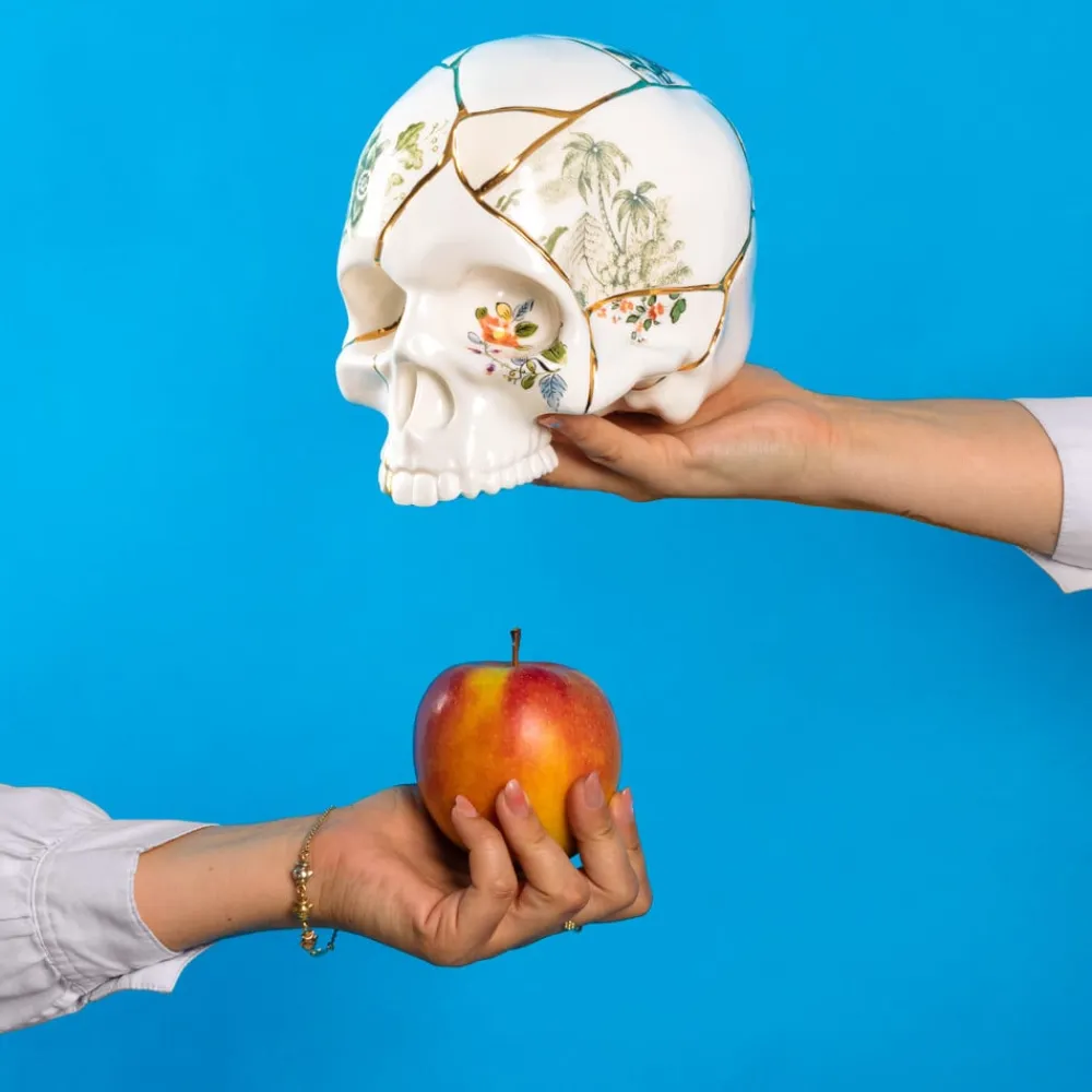 SELETTI Møbel Og Interiør>Skulptur Kintsugi Skull, hvid, porcelæn, guld