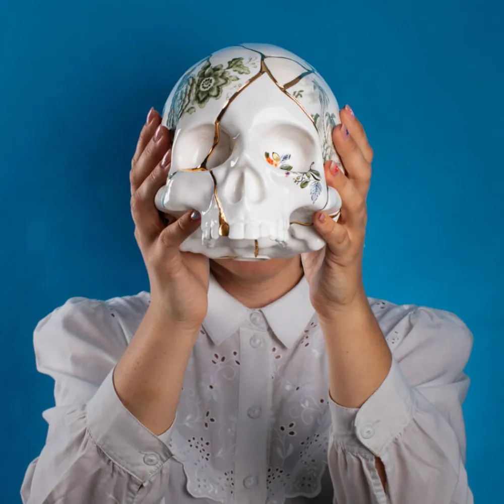 SELETTI Møbel Og Interiør>Skulptur Kintsugi Skull, hvid, porcelæn, guld