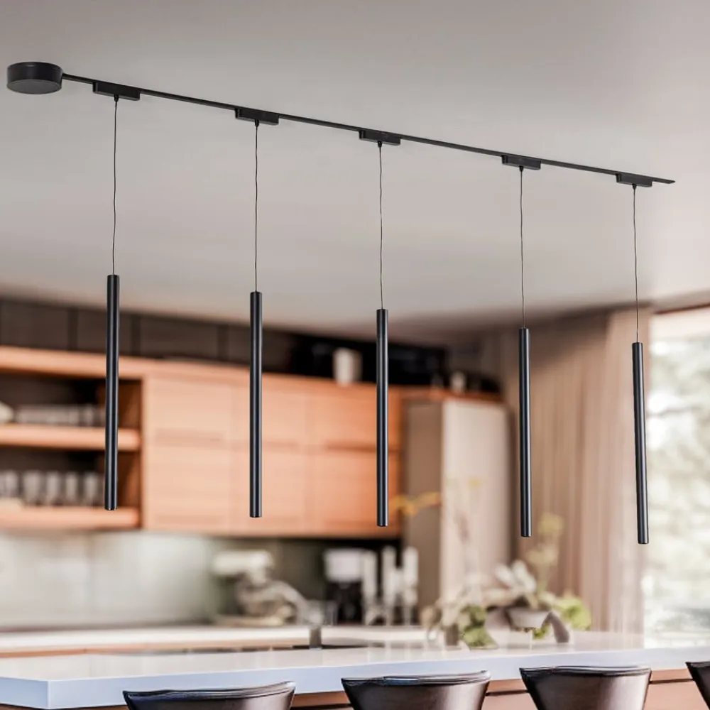 Lindby Skinnesystem 48V Lumaro, pendel, 5 lyskilder, sort, dæmpbar