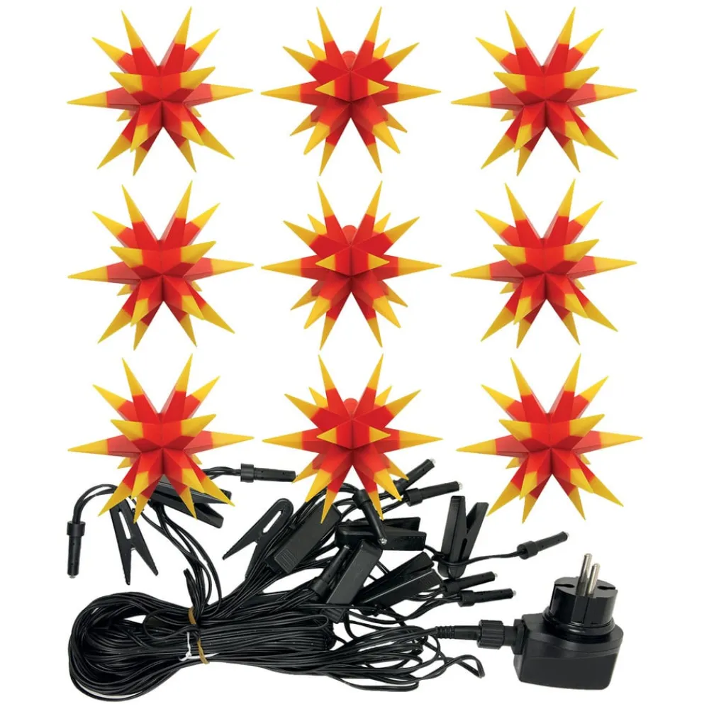 STERNTALER Julepynt|Julelys Udendørs>Tofarvet LED-lyskæde med 9 stjerner, gul, rød