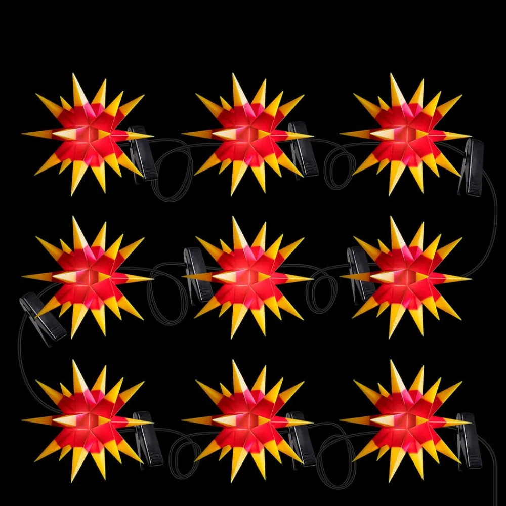 STERNTALER Julepynt|Julelys Udendørs>Tofarvet LED-lyskæde med 9 stjerner, gul, rød