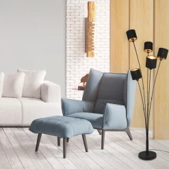 Reality Leuchten Gulvlamper|Gulvlamper>Tommy gulvlampe, sort/guld, højde 163 cm, 5-lys stof