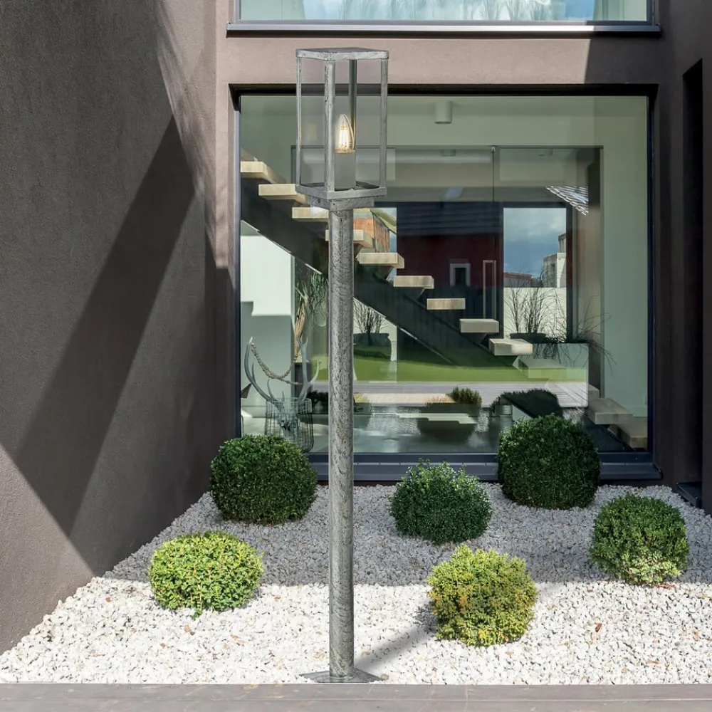 Searchlight Vejlampe Box II, 90 cm høj, sølv/klar, glas, IP44