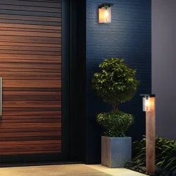 Trio Lighting Vejlampen ARDILA, trælook, højde 100 cm, metal/glas IP44